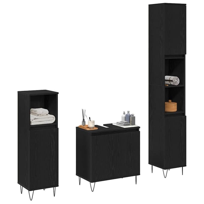 vidaXL - Badkamermeubel - Set - 3 - st - Zwart - Eiken - 30 - x - 30 - x - 190 - cm