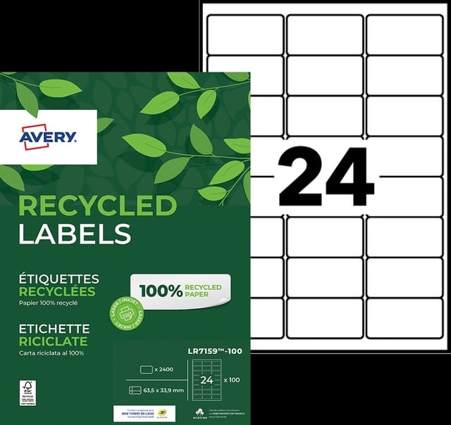 Etiket Avery LR7159-100 63.5x33.9mm recycled wit 2400 stuks