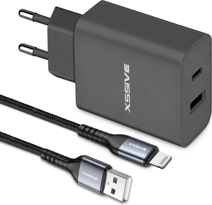 2-Poorten Snellader USB-C + USB - Auto Disconnect - Geschikt voor Lightning naar USB-A Kabel