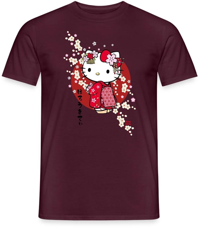 Hello Kitty In Een Rode Kimono En Kersenbloesems T-Shirt Heren