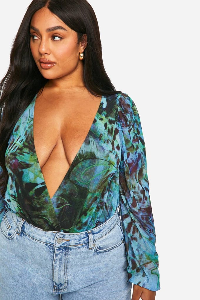 boohoo Dames Plus Animal Wrap Mesh Bodysuit | Zwart | Maat: 54