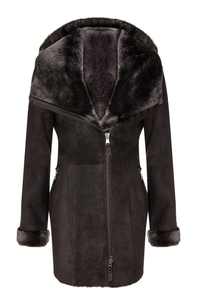 Dames merino schapenvacht jas met capuchon-antiek