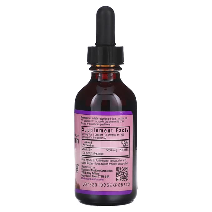 Bluebonnet Nutrition, CellularActive Vloeibare Methylcobalamine Vitamine B12, Framboos, 5.000 mcg, 2 fl oz (59 ml)