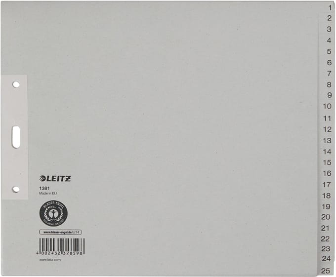 LEITZ kraftpapier-tabbladen, cijfers, A4 overbreed, 1-25,grijs