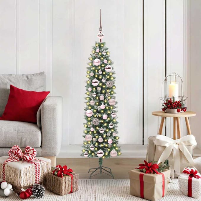 vidaXL - Kunstmatige - slanke - kerstboom - Groen - en - Wit - 120 - cm