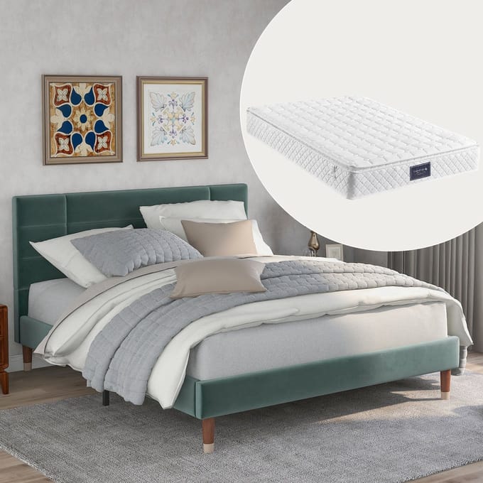 REDOM Bedframe 140x200 cm van fluweel – Met glanzend donkergroen design, matras en lattenbodem – Groen