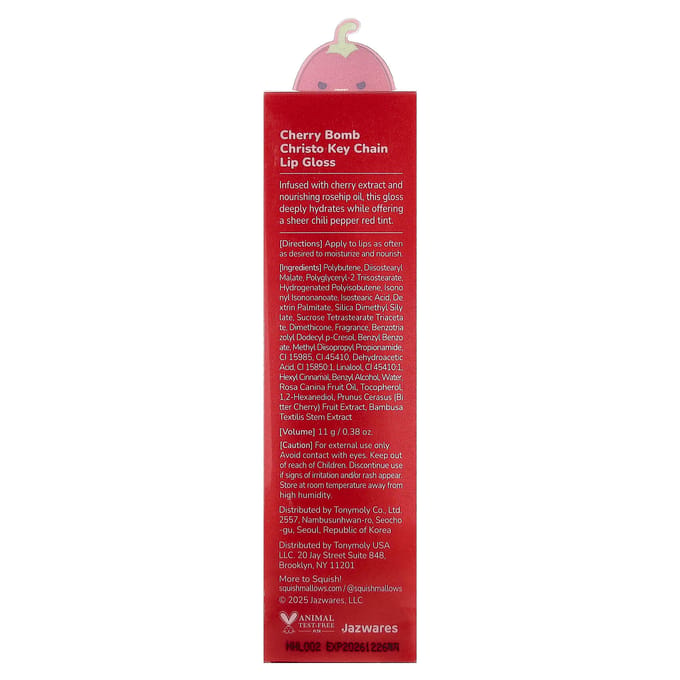 TonyMoly, Originele Squishmlows™, Christo Sleutelhanger Lipgloss, Cherry Bomb, 11g (0,38 oz.) red