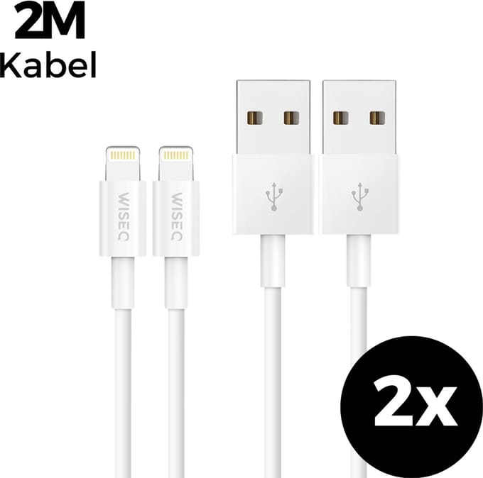USB naar Lightning kabels 2x - 2 meter - Lightning USB laadkabel dubbele verpakking - geschikt voor iPhone - wit - WiseQ