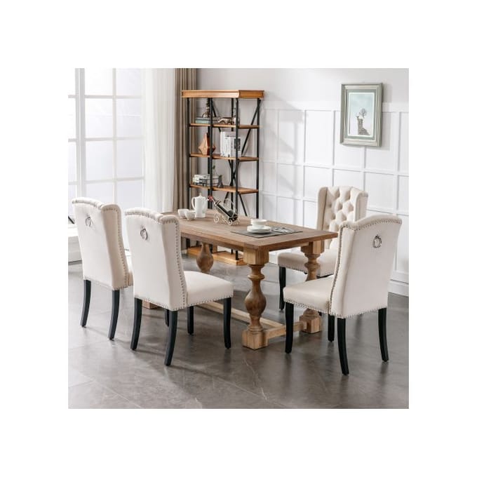 Chaise de salle à manger - MUVOE - Design moderne - Velours beige - Pieds chêne massif - Lot de 4 beige