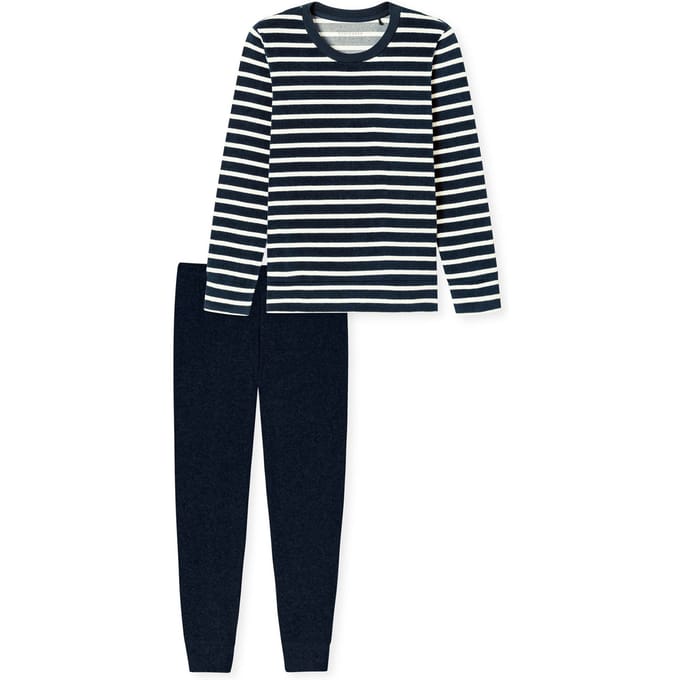 SCHIESSER dames Cotton Essentials Pyjama lang - dames pyjama set - nachtblauw gestreept
