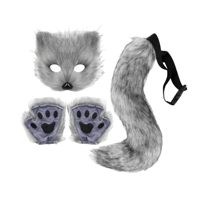 1 Ensemble Cosplay Queue de Renard Artificielle Mitaines Masque Ensemble Doux Pelucheux Circonférence de Taille Réglable Performance Antidérapante Club Da Utilisation Pratique gris