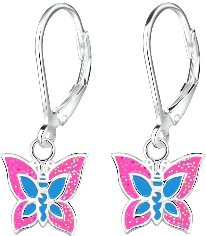 Joy|S - Zilveren vlinder oorbellen - roze blauw met glitters - leverback sluiting