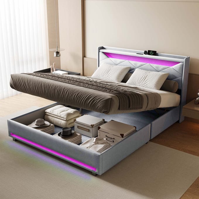 Hydraulisch opbergbed 140x200 cm grijs linnen met RGB LED en USB-laadfunc