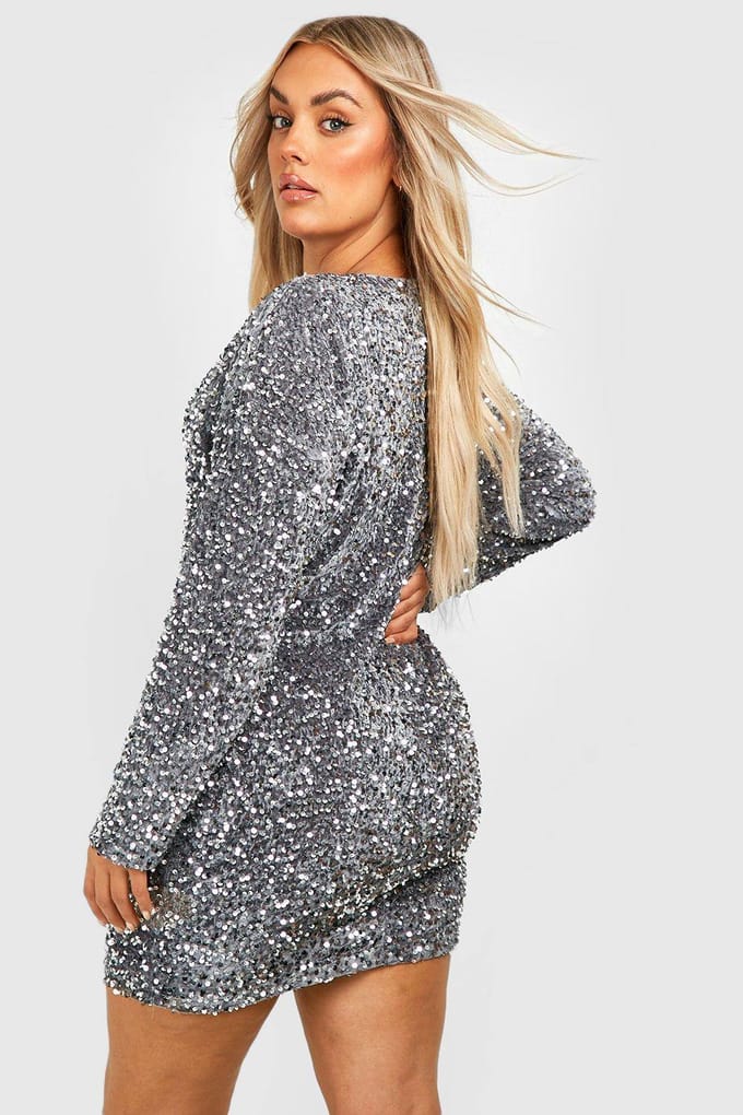 boohoo Dames Plus Sequin Batwing Shift Jurk | Silver | Maat: 22