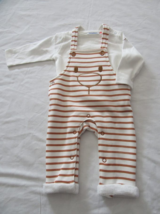 noukie's , salopette + tshirt lange mouw , uni , creme / bruin , 3 maand 62