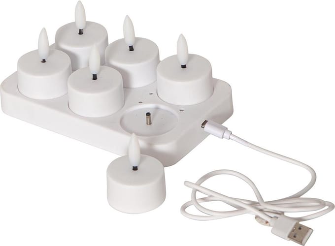 Star Trading theelichtset Flame Charge, 6 theelichtjes, wit, USB-kabel, oplaadplaatje, warm wit