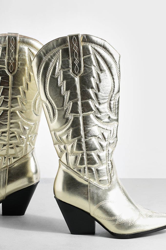 boohoo Dames Metallic Knee High Western Cowboy Boots | Goud | Maat: 37