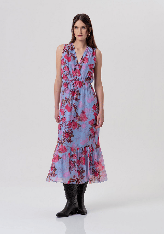 Bloemen bloemen jurk lichtblauw-cherry