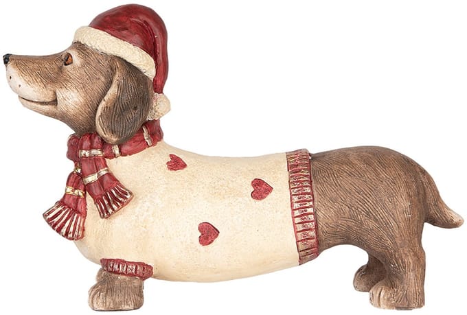 Clayre & Eef Kerstdecoratie Beeld Hond Teckel 42x12x27 cm Bruin Beige Keramisch materiaal