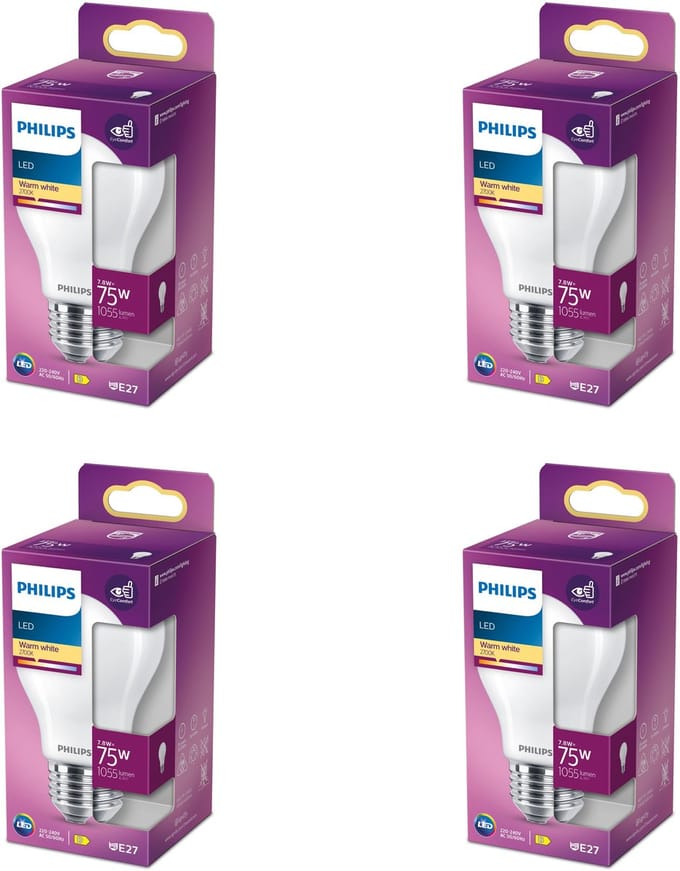 Philips Voordeelverpakking - E27 - LED Standaard lamp - Mat - 75W - Niet Dimbaar - Warmwit Licht - Set van 4 Stuks