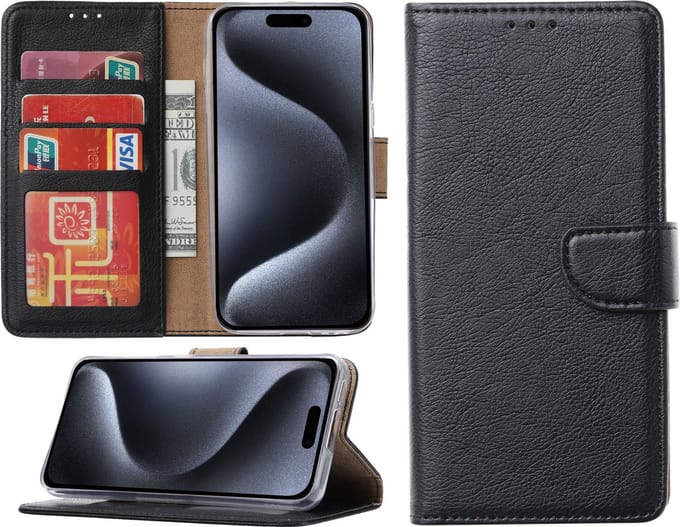 Hoesje geschikt voor iPhone 15 Pro Max - Bookcase - Pasjeshouder - Kunstleer - Zwart