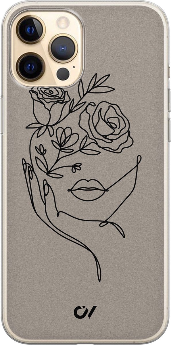 Hoesje geschikt voor Apple iPhone 12 - Oneline Face Flower - - Grijs - Apple - Casevibes