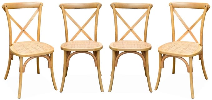 sweeek - Set van 4 vintage rubberhouten bistrostoelen, zitting van rotan, stapelbaar - belleville