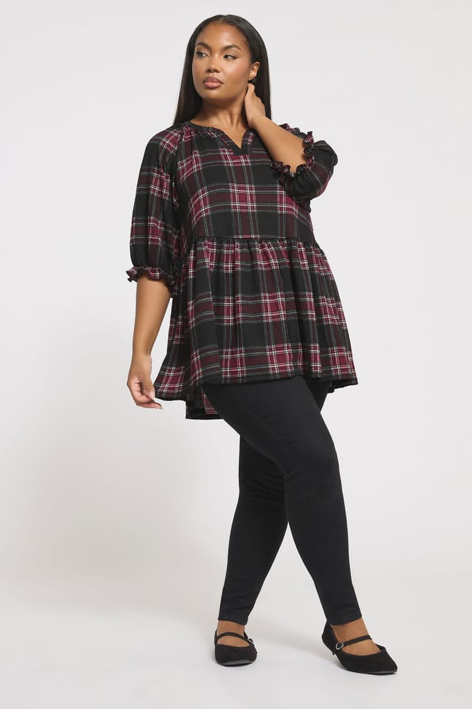 Yours Zwarte Geruite Peplum Top Met Textuur Size 48