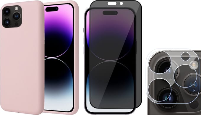 Hoesje geschikt voor iPhone 14 Pro - Privacy Screenprotector FullGuard & Camera Lens Screen Protector - Back Cover Case SoftTouch Roze