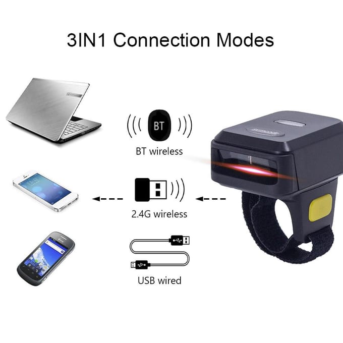 Barcodescanner Draagbaar Vinger Handheld Draagbare Ring 1D 2D Barcodelezer BT+2.4G Draadloos 2D barcode zwart