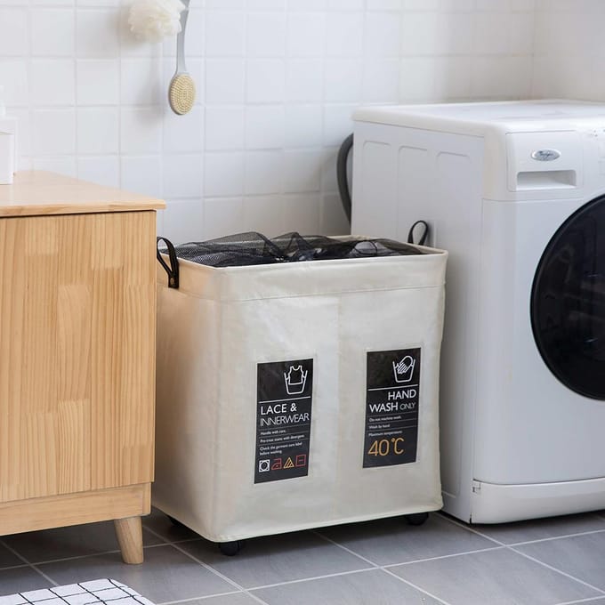 Rollende slanke wasmand 2 vakken met universele wielen en handvat Opvouwbare Oxford-stof beige