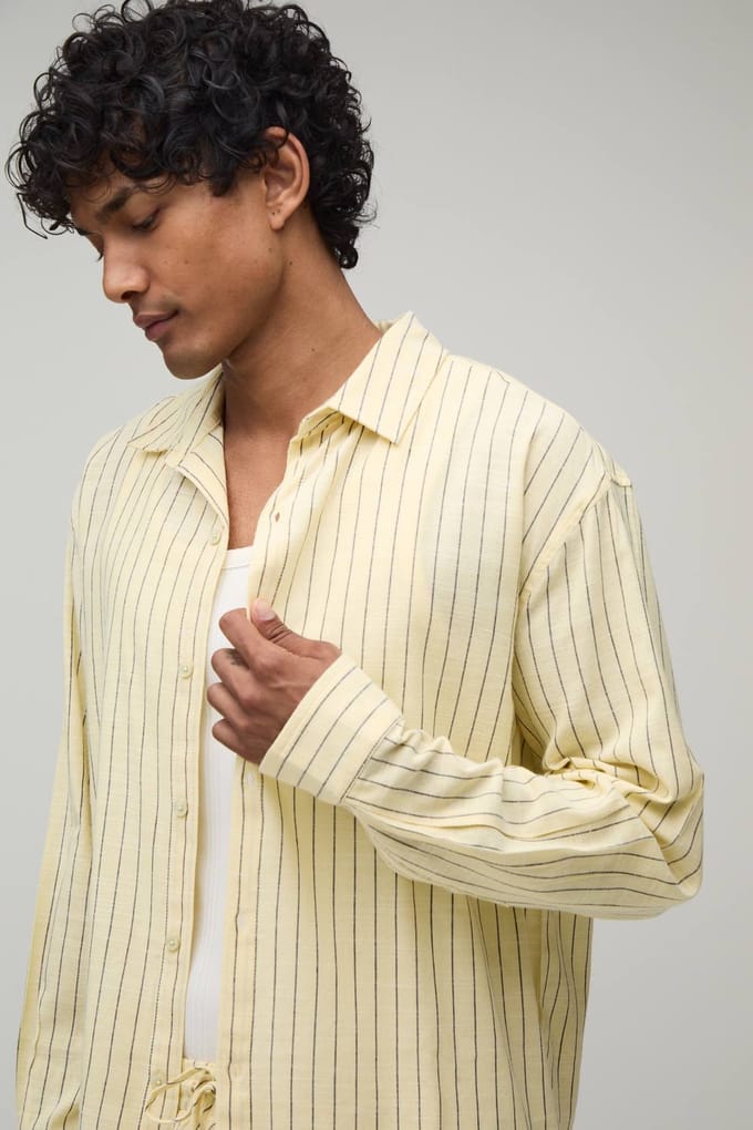 Gestreept Popeline Gebogen Zoom Geborduurd Oversized Shirt Met Lange Mouwen & Wijde Short Set | Yellow | Size Medium