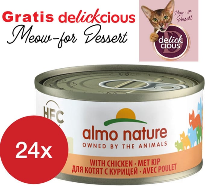 Almo Nature kitten met kip 24 x 70 gram met GRATIS Delickcious dessert