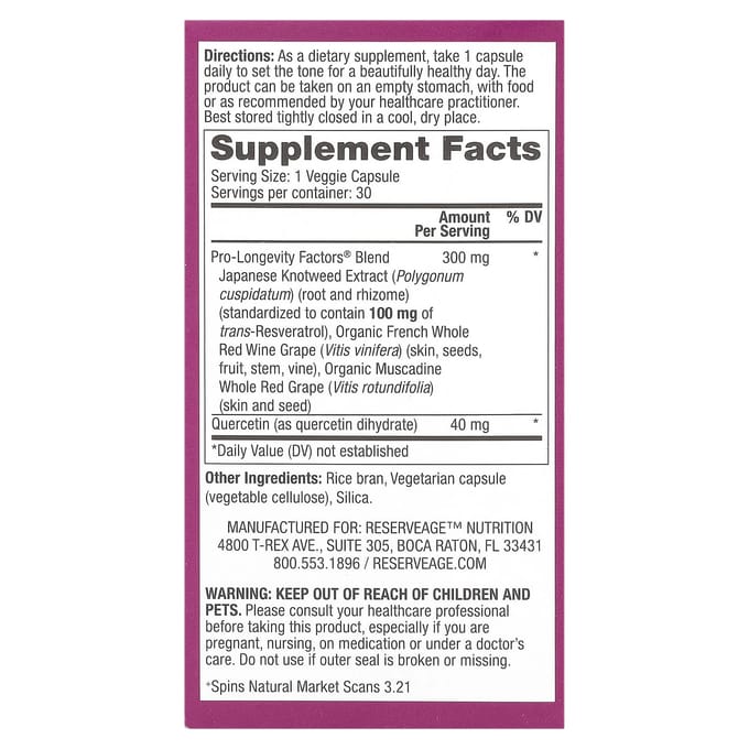 Reserveage Beauty, resvératrol, 100 mg, 30 gélules végétales