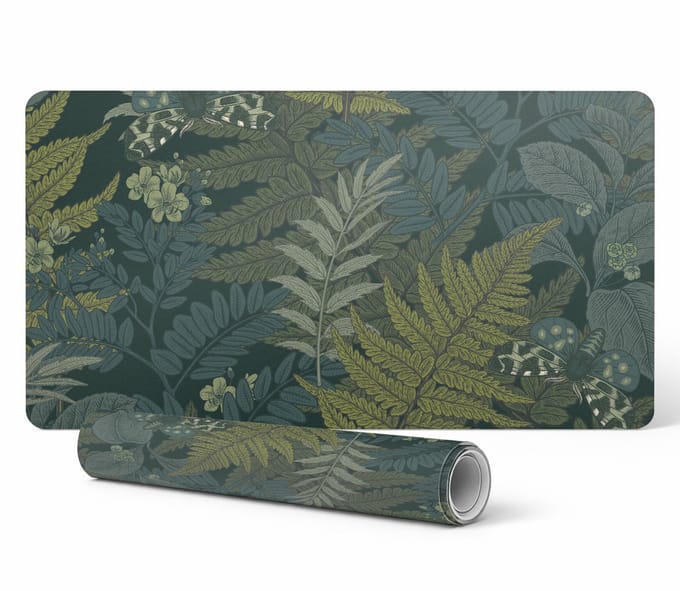 Elegante decoratieve bureauonderlegger met bosbladeren en vlinders, 90x45 cm
