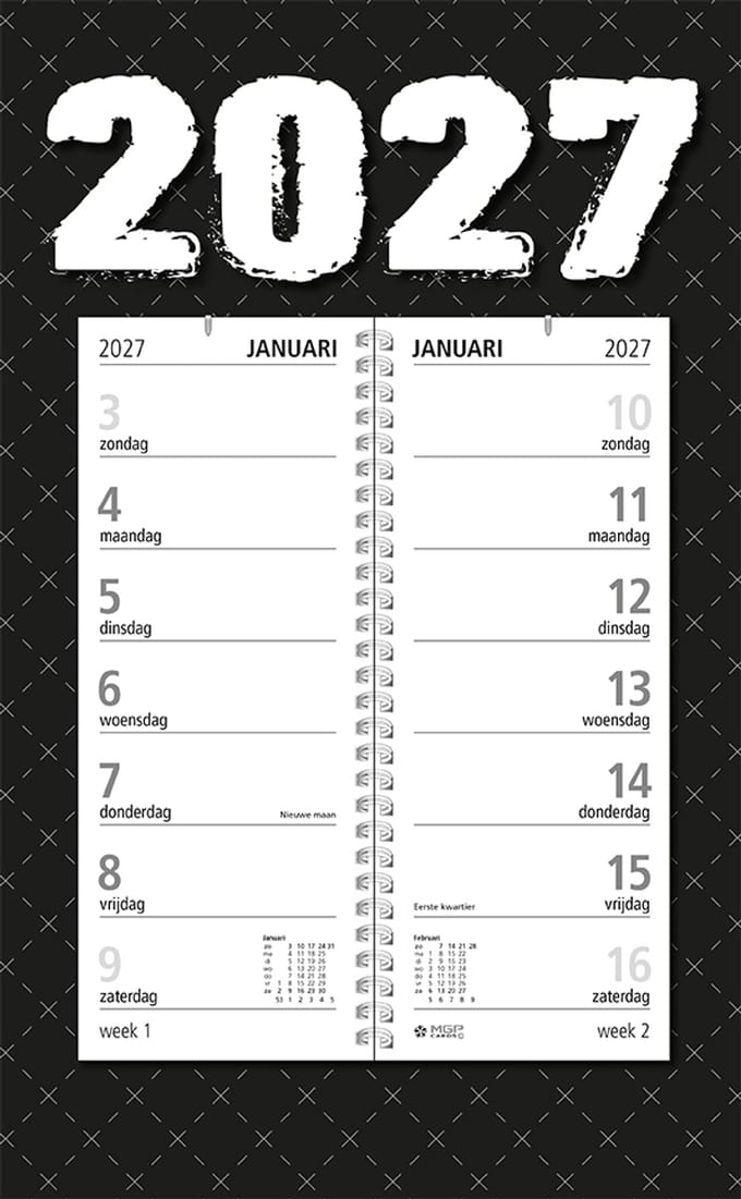 MGPcards - Omlegweekkalender 2027 - Week begint op zondag - 21 x 34 cm - Zwart