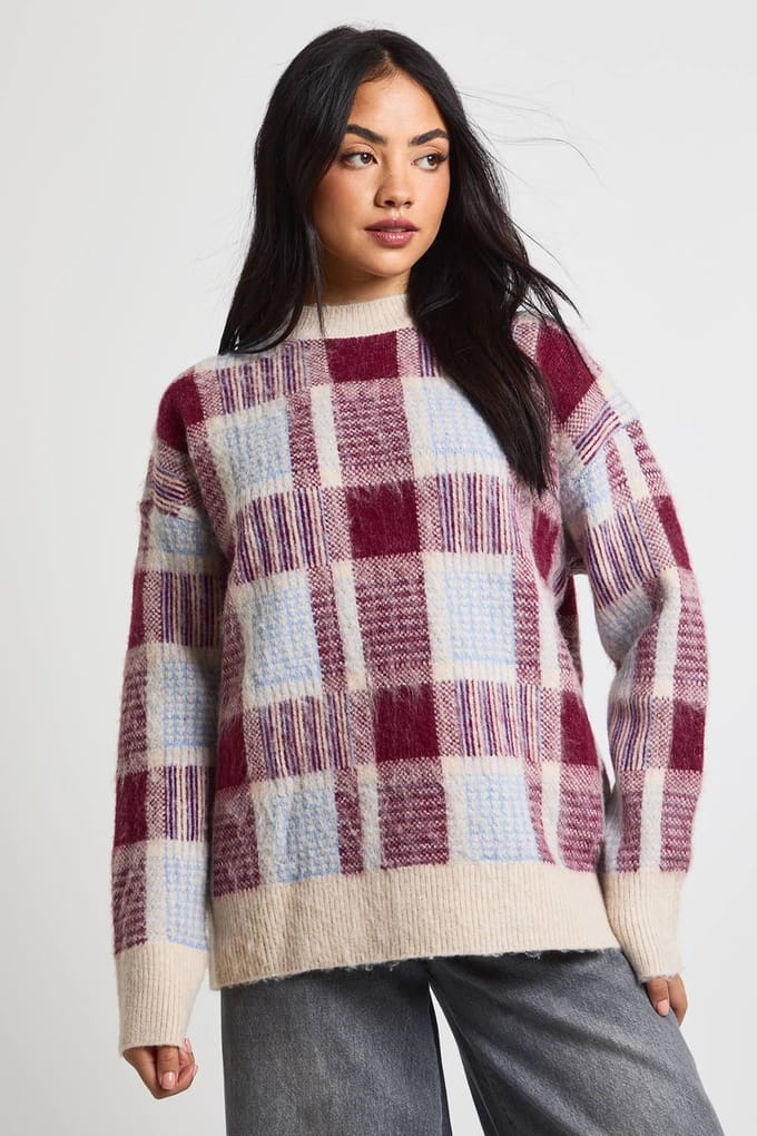 boohoo Dames Check All Over Print Gebreide Trui | Red | Maat: Small
