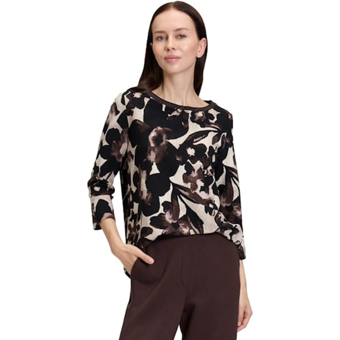Bloemenshirt van dicht structuurmateriaal - beige / bruin - Gr. 44 van Goldner Fashion