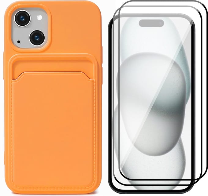 Hoesje Pasjeshouder geschikt voor iPhone 15 Plus - 2x Screenprotector FullGuard - Siliconen Case Back Cover Oranje & Screen Protector