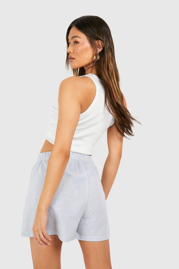 boohoo Dames Linnen Look Pinstripe Shorts | Blue | Maat: 6