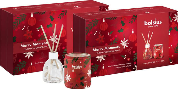 Bolsius - 2 x Giftset - Geurstokjes & Geurkaars - True Glow - Merry Moments - Cinnamon Ginger Apple