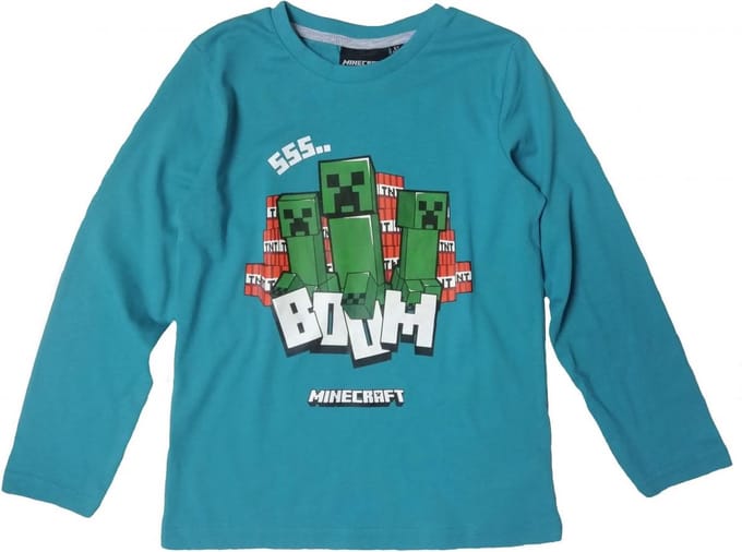 Minecraft T-shirt - Longsleeve - Turquoise. Maat 128 cm / 8 jaar.