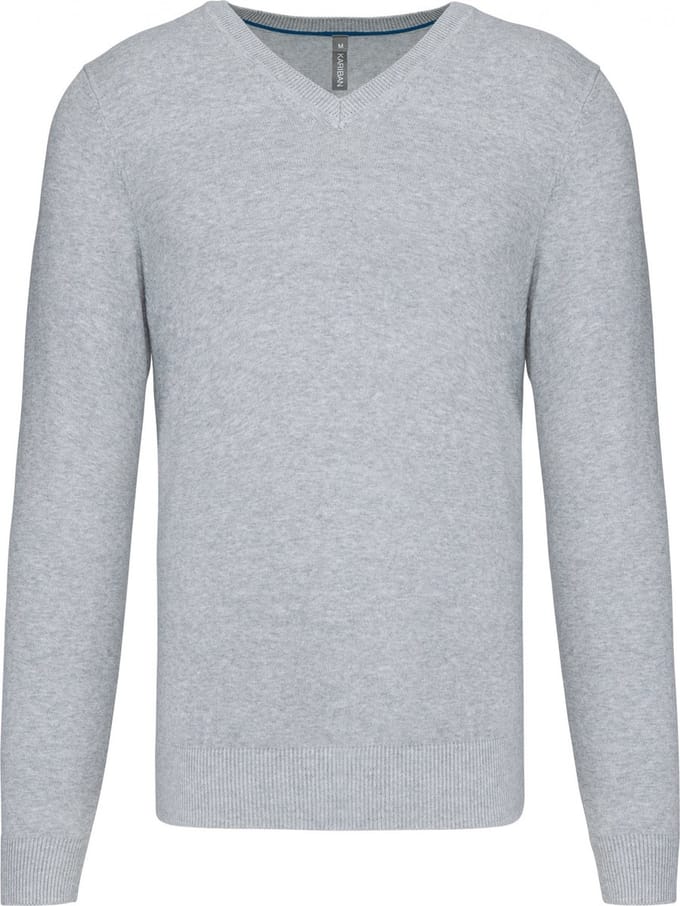Pullover/Cardigan Heren S Kariban V-hals Lange mouw Light grey heather 87% Katoen, 11% Polyamide, 2% Elasthan