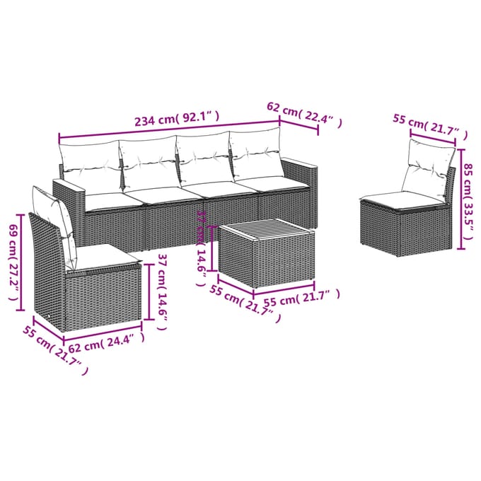 vidaXL - 7-delige - Loungeset - met - kussens - poly - rattan - grijs