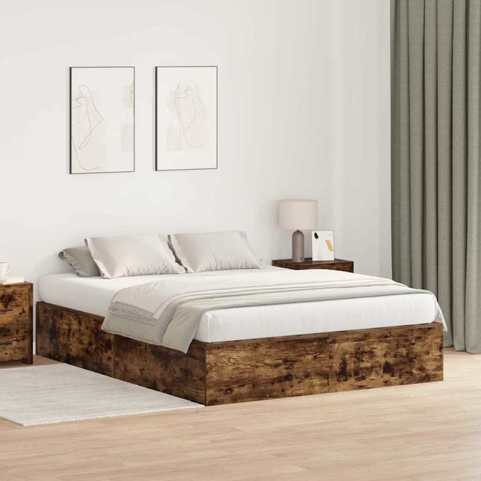 vidaXL - Opbergbedframe - met - opslag - Rook - Eiken - 140 - x - 190 - cm - Bewerkt - hout