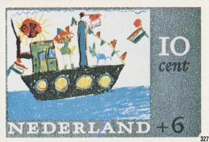 Briefkaart met afbeelding Kindertekening – Stoomboot postzegel