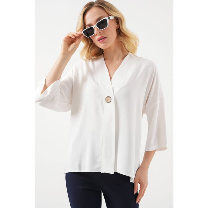 V-hals Kimono met Driekwart Mouwen en Knopen