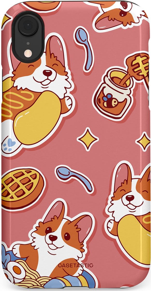 Casetastic hoesje geschikt voor Apple iPhone XR - Dubbellaagse bescherming - Corgi snacks - Fashion Case - Koraal Terracotta Lichtgrijs Goud