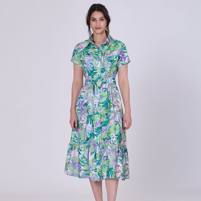 Tropische print MIDI -shirtjurk