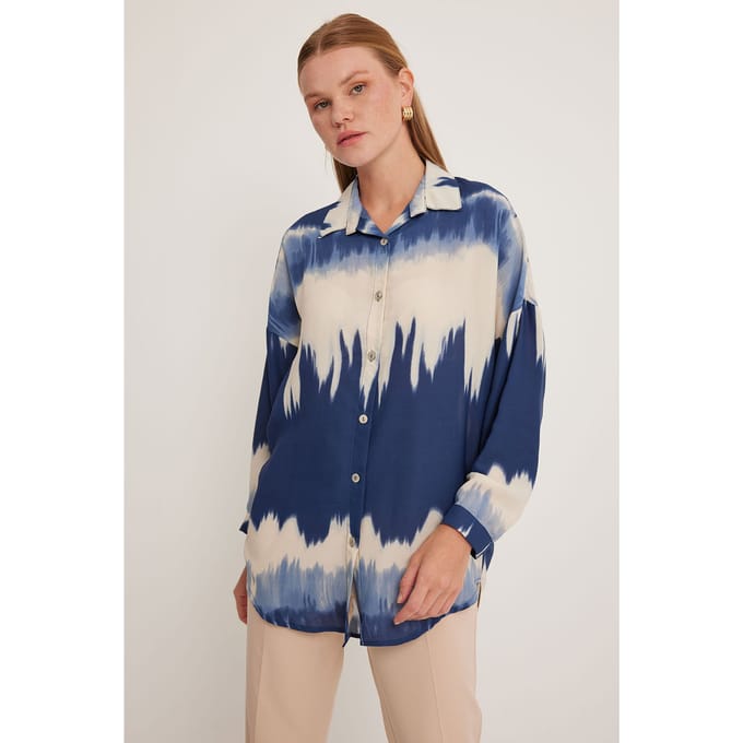 Oversized Abstract Weaving Lange Mouwen Plooi Shirt met Knoopsluiting